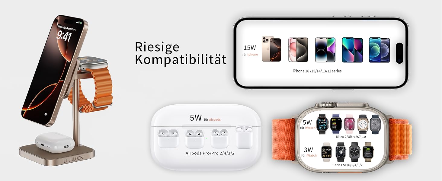 Станція зарядки LULULOOK Qi2 MagSafe 3 в 1 з алюмінію для Apple Watch та iPhone з підтримкою швидкої зарядки 15W (для iPhone 17 Pro Max/17 Pro/17 Air/17) та 5W (для Apple Watch Ultra, AirPods), титан