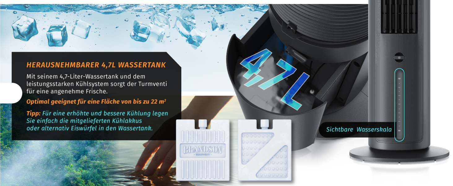 Мобільний вентилятор з водяним охолодженням Brandson - 5 в 1, тихий, 4.7л, чорний