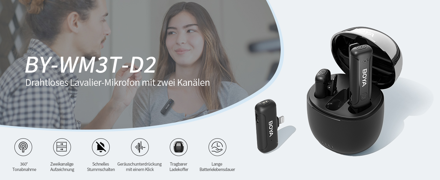 Мікрофон петличний бездротовий BOYА BY-WM3T-D2 (Lightning) для Android, iPhone, Лайв-стрім, Vlog, 100 м, шумозаглушення, USB-C