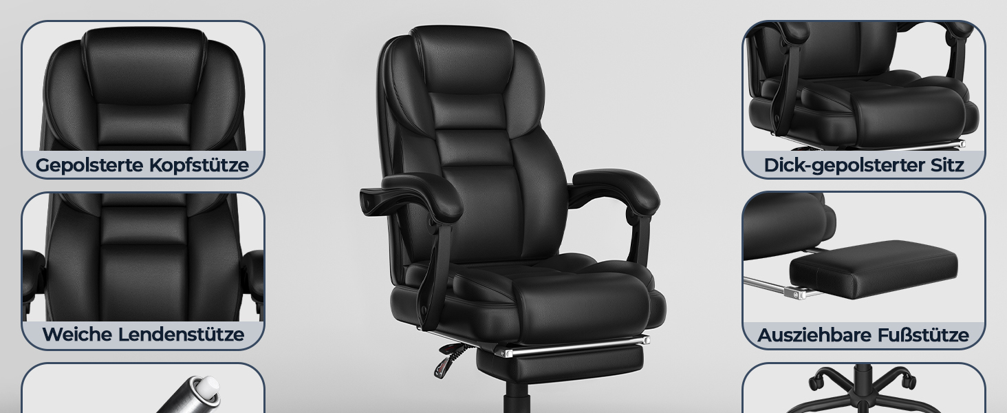 Ергономічне крісло Yaheetech для офісу, керівника з підставкою для ніг, регульовані підлокітники, комп'ютерне крісло з високою спинкою, чорне