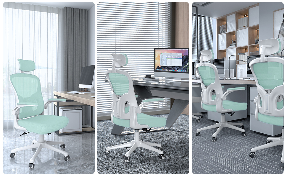 Офісний стілець Naspiro з регульованими підлокітниками, ергономічний, з сітчастою спинкою, підтримкою попереку, регульованою висотою, м'яким сидінням, поворотний на 360°, (зелений, з підголовником)