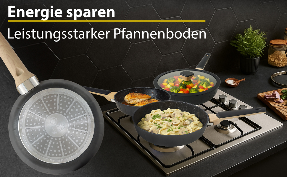 Набір сковорідок Pela Welle® Induktion, 5 предметів: 3 сковороди з покриттям та 2 кришки, чорний колір | Сковорода для індукційної плити, керамічне покриття, без PFOA, PFAS, PTFE