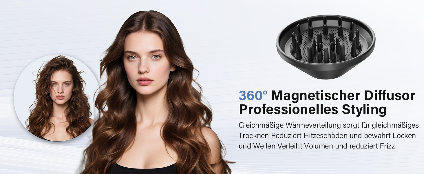 Фен з дифузором, 110000 об/хв безщітковий двигун, низький шум 57dB, для подорожей та дому, Dark Grey