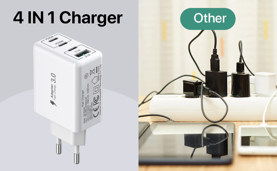 Блок зарядки USB C 40W 4-портовий, Швидка зарядка PD+QC, Багатопортовий для iPhone/Samsung/Tablet, Білий (2 шт. в упаковці)