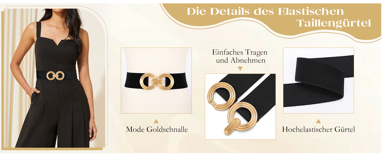 Жіночий широкий еластичний пояс JasGood з золотою пряжкою, чорний, L (81-90 см)