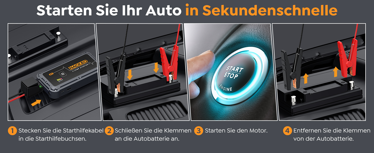 Портативний акумулятор Starthilfe для автомобіля, 12V, бустер для запуску двигуна (бензин до 10L, дизель), з кабелями та LED ліхтариком, для SUV, вантажівок, мотоциклів (5000A)