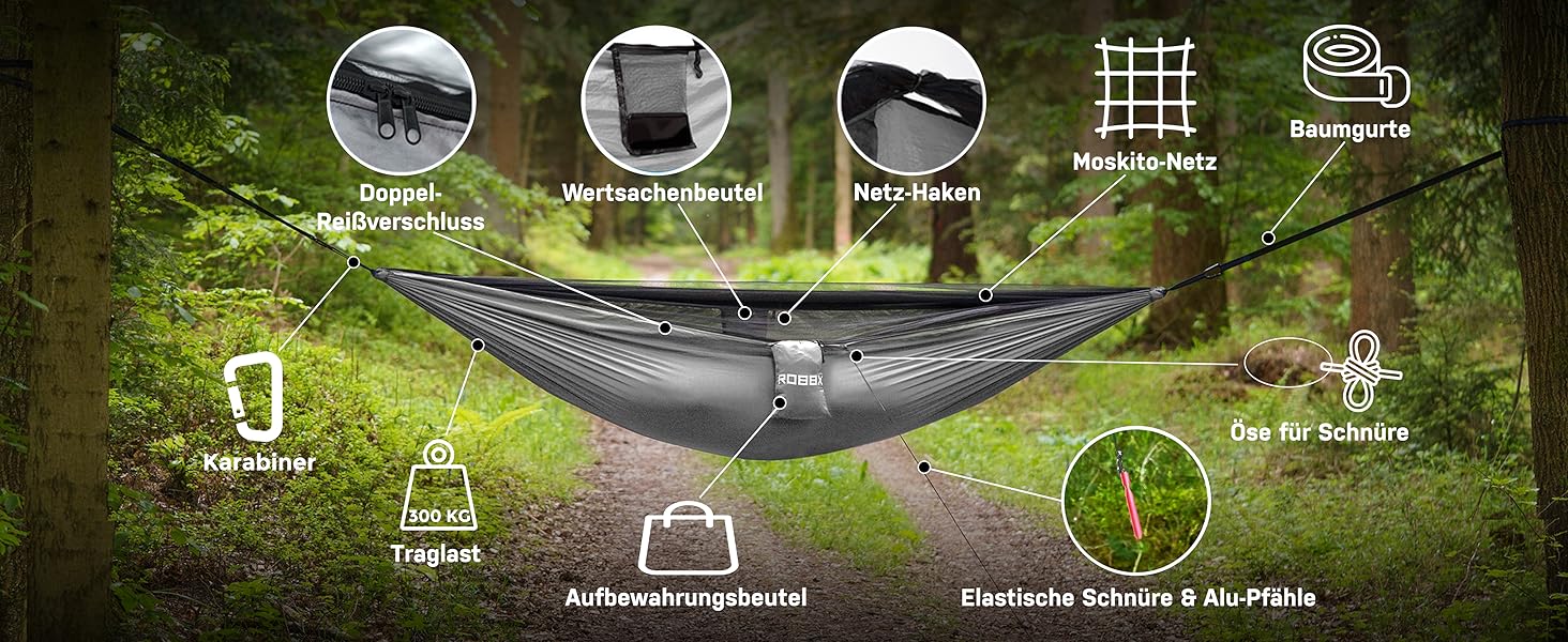 Гамак ROBBX® для 2 осіб з москітною сіткою | 300 кг | Сірий, 290x140 см | Намет-гамак для кемпінгу та відпочинку на природі