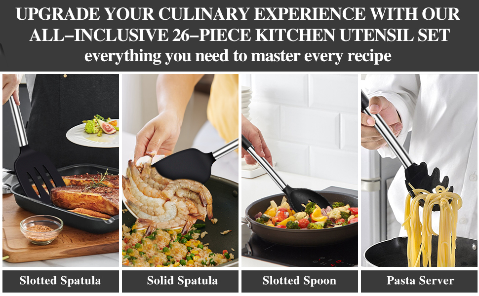 Kitchen Helper Set, 26-Piece Silicone Kitchen Utensils Set, Heat-Resistant Cookware with Utensil Holder, Silicone Spatulas, Cooking Spoons, Anti-Stick Spatulas, BPA Free, Dishwasher Safe, Black