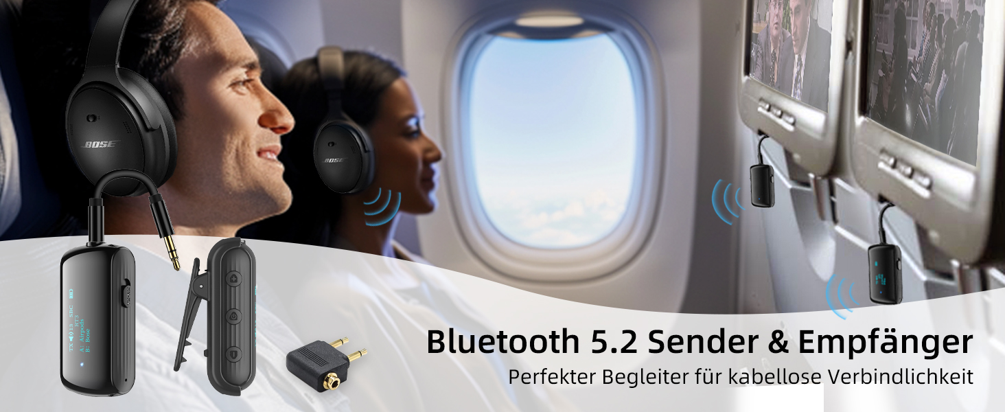 Bluetooth 5.2 адаптер для літака, трансмітер для підключення 2-х навушників/AirPods, чорний