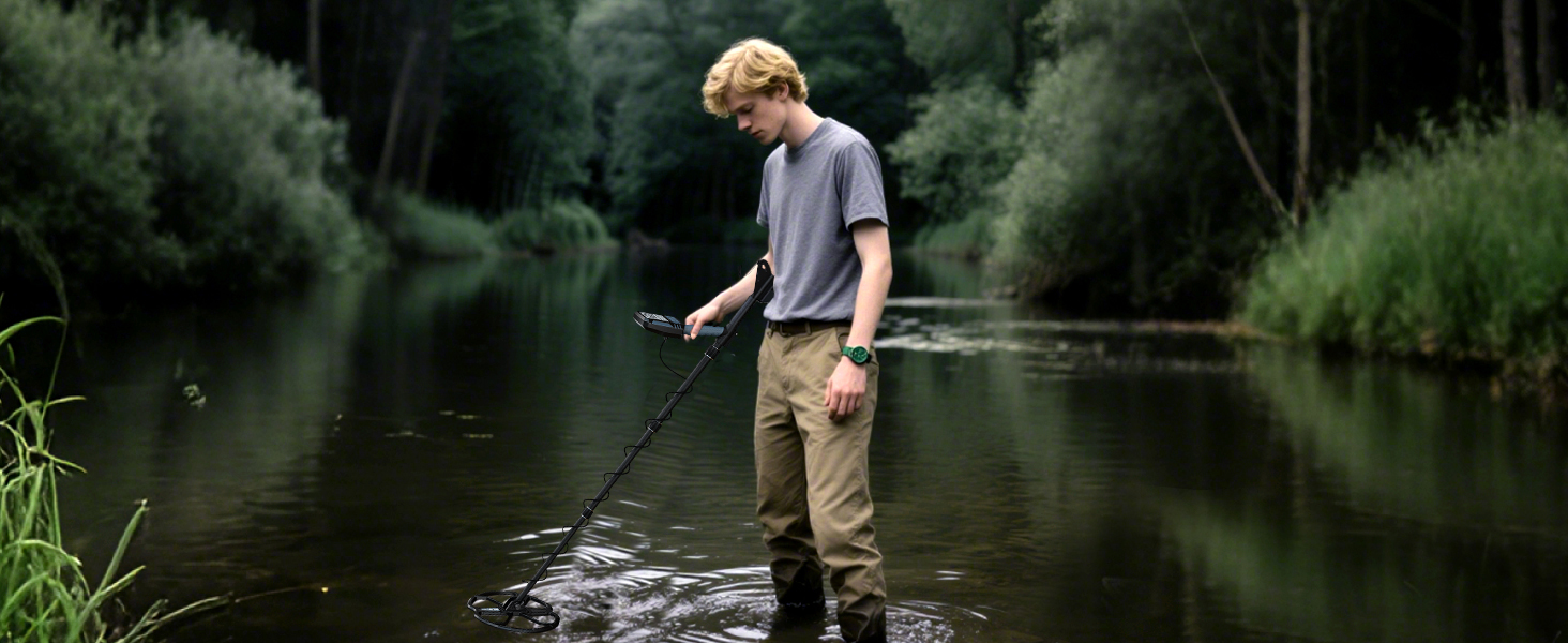 Металошукач SUNPOW для дорослих – водонепроникний, з лопатою, рюкзаком та навушниками, IP68, 11' Dual-D, 35h Li-Akku, 10 рівнів чутливості, 4 режими пошуку, 7-Metall ID, A-Schwarz