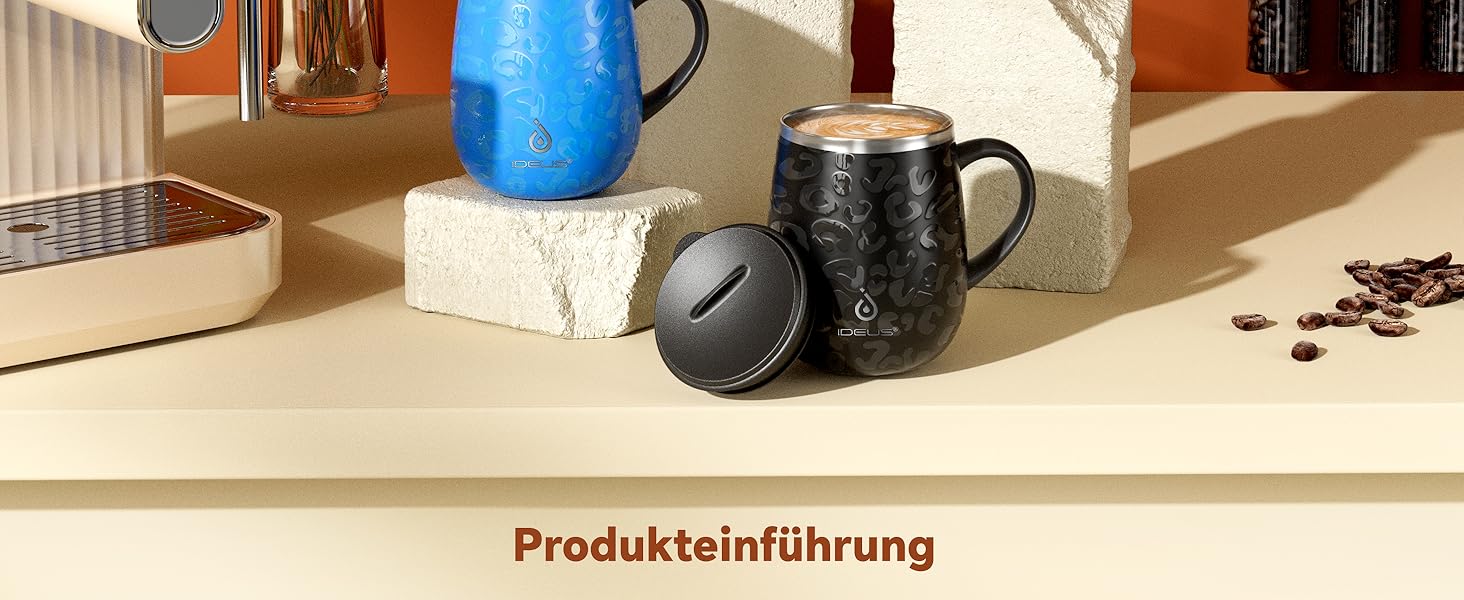 Кружка для кави та чаю Ideus 470 мл з подвійними стінками, з нержавіючої сталі, з нековзким ручним тримачем та кришкою-ковзаючою панеллю, великий об'єм (Трав'яний зелений) (Леопардовий жовтий)