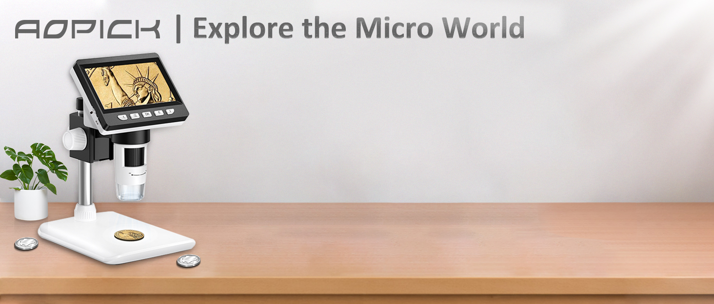Цифровий мікроскоп AOPICK з LCD екраном, 50X-500X, 4.3 дюйми, 1080P, USB, 8 LED, для дорослих/дітей, сумісний з MacOS Windows (білий)
