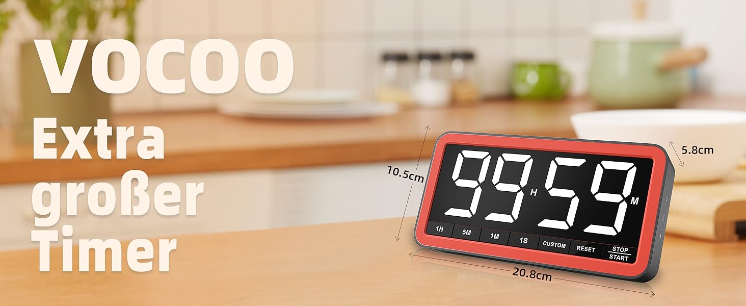 Великий цифровий таймер VOCOO з LED-екраном 19,8 см, магнітом, регульованою яскравістю і гучністю, 4 сигналами, кухонний таймер, для класу, спортзалу, чорний+помаранчевий