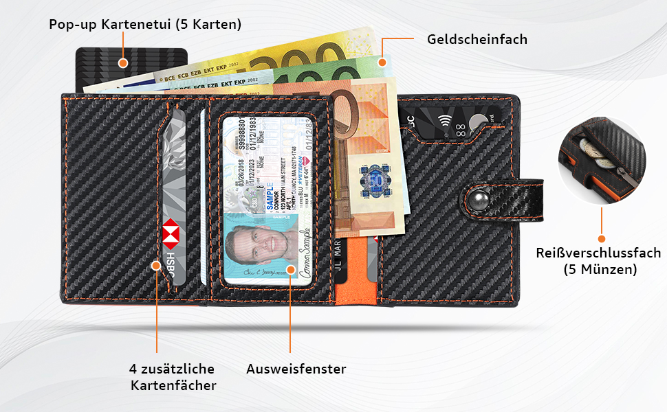 Чоловічий гаманець TENBST з відділом для дрібниць та захистом RFID, Slim Wallet, картхолдер, гаманець-картхолдер, 10 відділень для карток, помаранчевий (помаранчево-чорний)