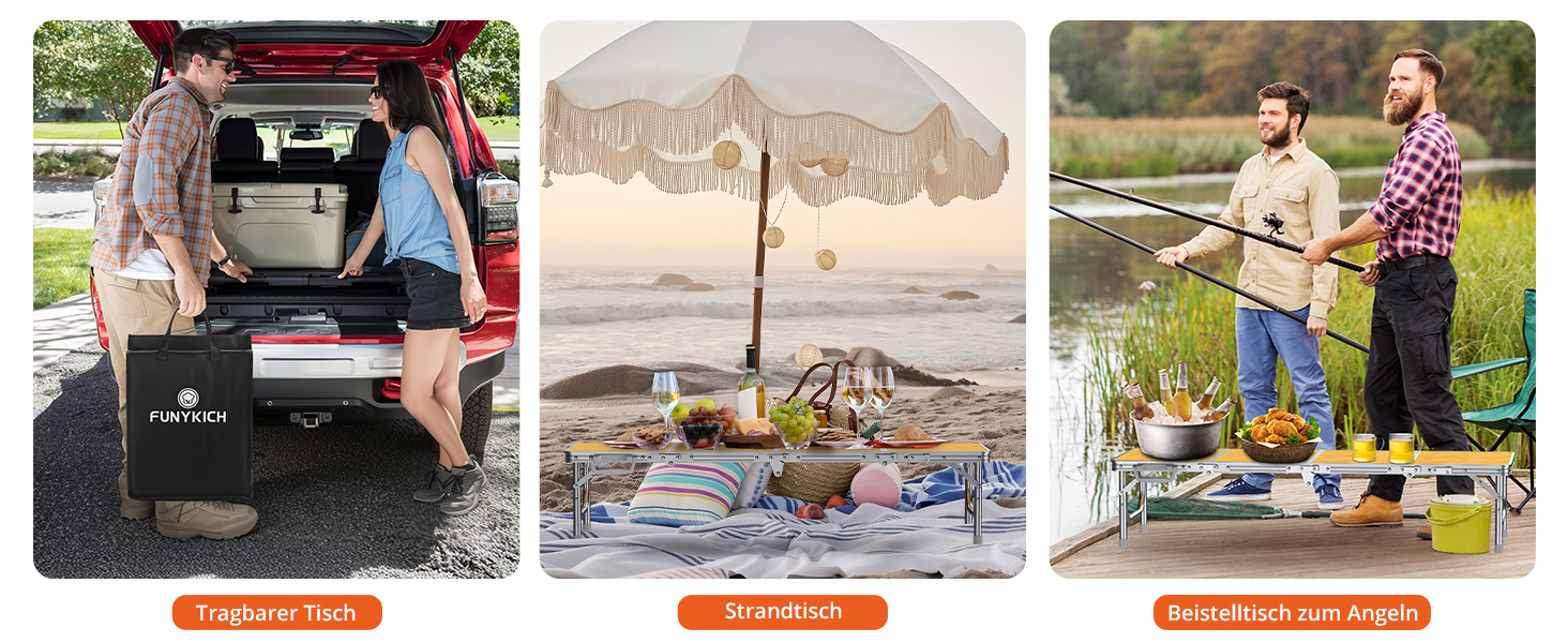 Складний кемпінговий стіл FUNYKICH 116x40x26 см, жовтий - алюмінієвий, MDF стільниця, з сумкою для перенесення