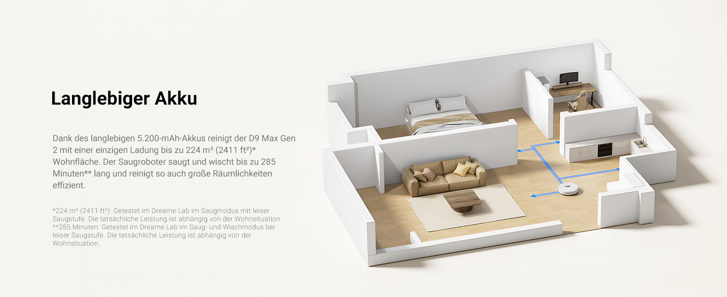 Робот-пилосос Dreame D9 Max Gen2 з функцією миття, 4000Pa, LDS-навігація, 150 хв роботи, карти для різних поверхонь, ідеальний для килимів, твердих підлог та шерсті тварин, керування через додаток