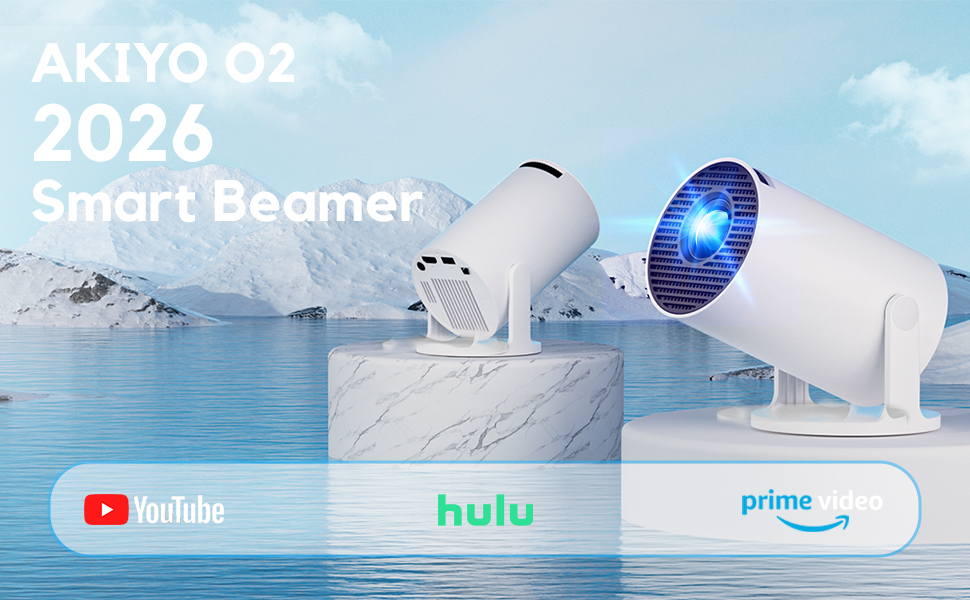 Розумний проєктор AKIYO O2 з підтримкою 1080P, Android 11, WiFi 6, Bluetooth 5.4 та автотрапецеїдною корекцією. Підтримка HDMI, USB, Smartphone, Laptop, PS5. Поворотний на 180°