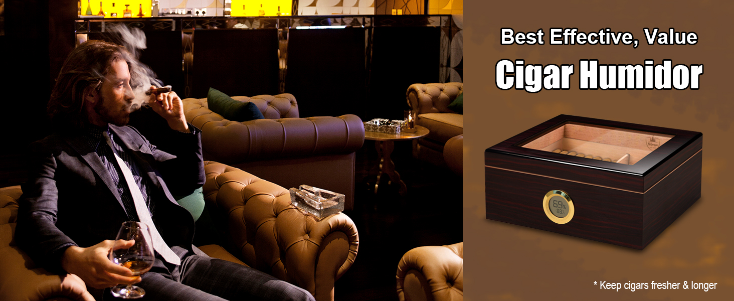 Вишуканий цигарковий вологий ящик (гумодор) ручної роботи з іспанського кедра, цифровим гігрометром, зволожувачем та роздільниками. Подарунок для чоловіків (30-50 сигар). Чорний колір.
