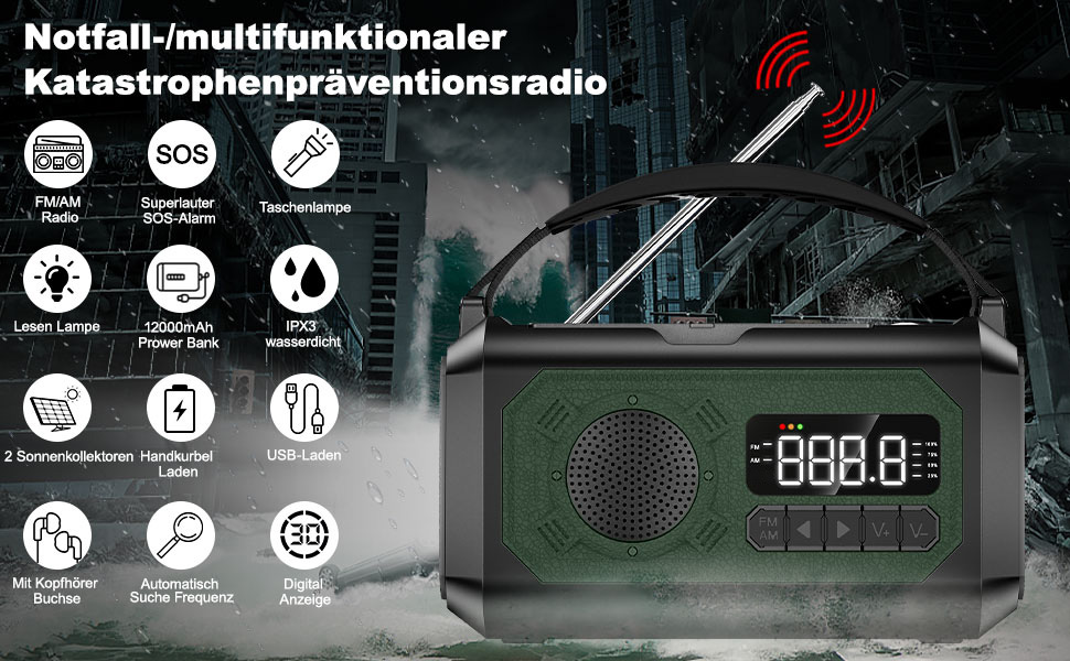 Радіоприймач Kurbelradio на сонячній енергії з ручним заводом, 12000mAh, 7-в-1, SOS, ліхтарик, компас, зелений