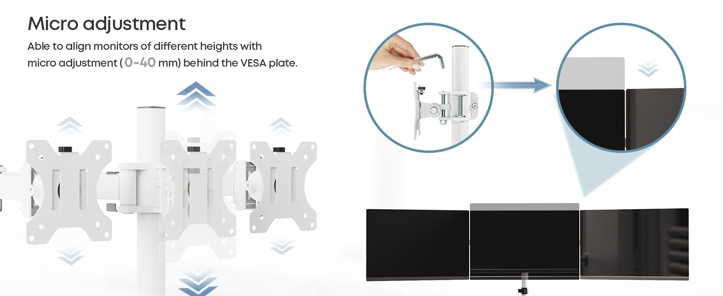 Підставка для монітора PUTORSEN на 3 монітори - сумісна з LCD/LED телевізорами 13'-27' (33-68см), вантажопідйомність 7 кг на монітор, регулювання на 180°, поворот 360°, регулювання висоти, білий колір