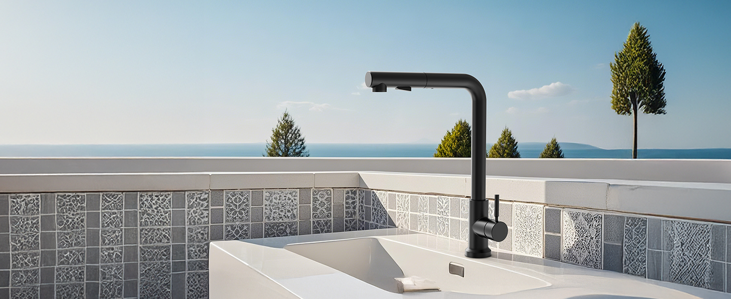 Змішувач кухонний водяний чорний, висувний з душем, 360° поворотний, 2 режими розпилення, для кухні, нержавіюча сталь