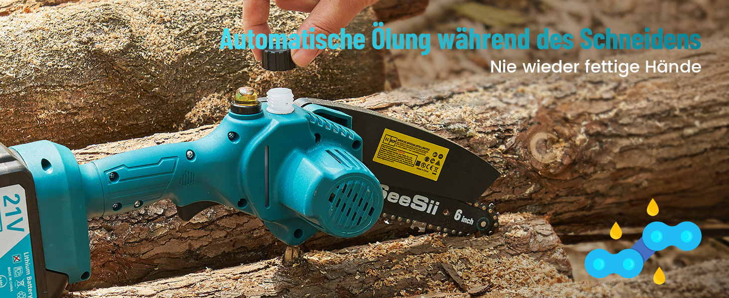 Акумуляторна міні-пила SEESII 6 дюймів з автоматичною подачею оливи та запасним ланцюгом | Акумуляторна ланцюгова пила для саду, стрижки гілок та різання деревини