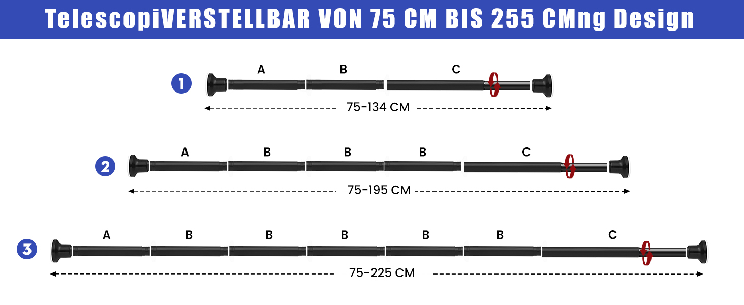 Тeleskopна штанга для душу без свердління, 72-254 см, чорна (Ø25 мм)