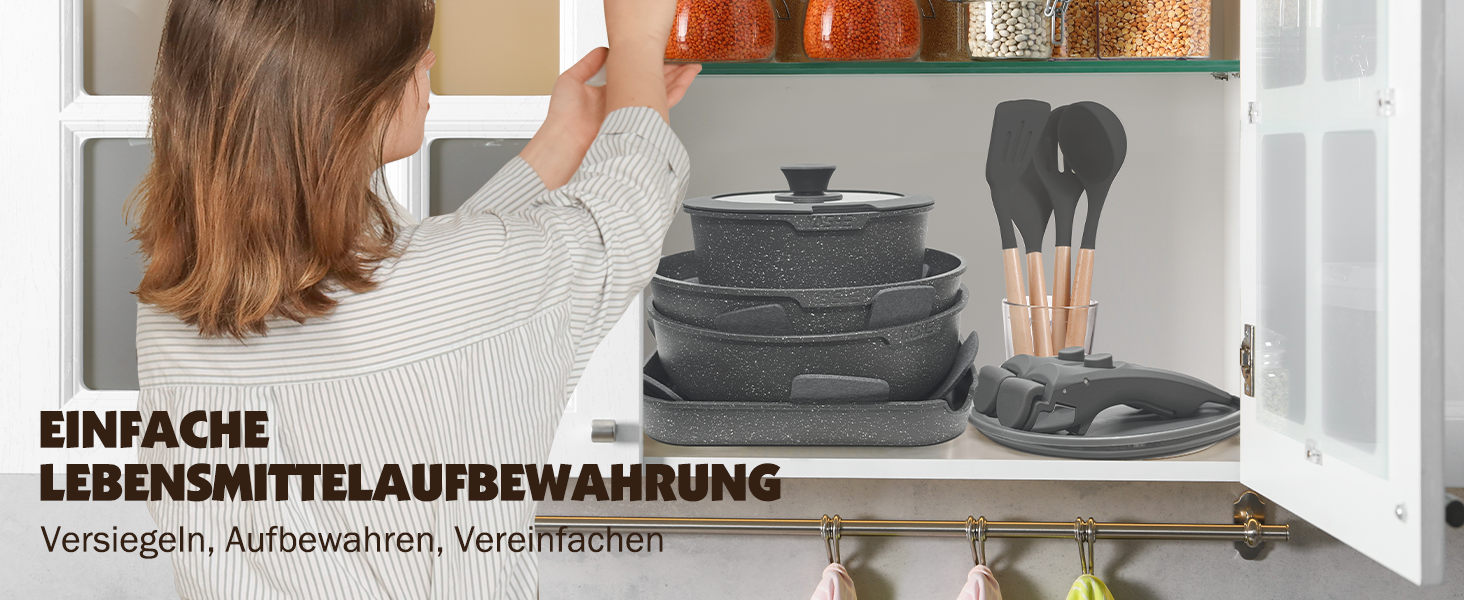 Набір посуду YASHE 21 предмет: каструлі та сковорідки з антипригарним покриттям, знімні ручки, скляні кришки, індукційний, для духовки, стекуваний, білий (сірий)