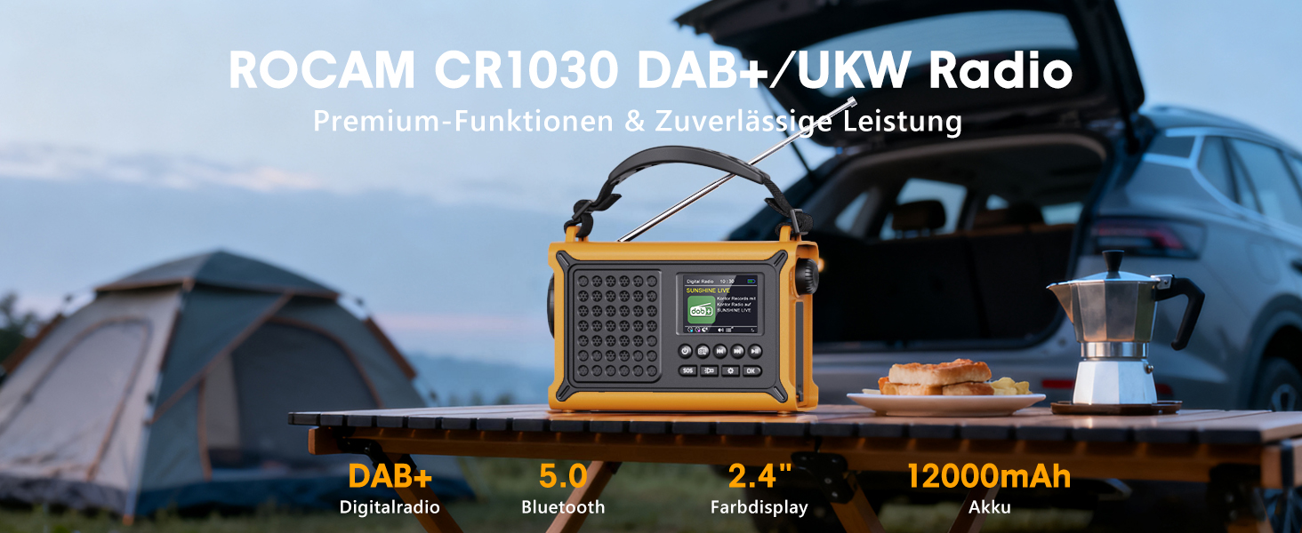ROCAM Радіоприймач на ручку DAB+/UKW, портативне аварійне радіо з сонячною панеллю 8500 мм² та ручкою 650mA, цифрове радіо з Bluetooth, 2.4' кольоровий дисплей, 80 станцій, SOS, LED ліхтарик, USB, IPX6 для кемпінгу (Жовтий)
