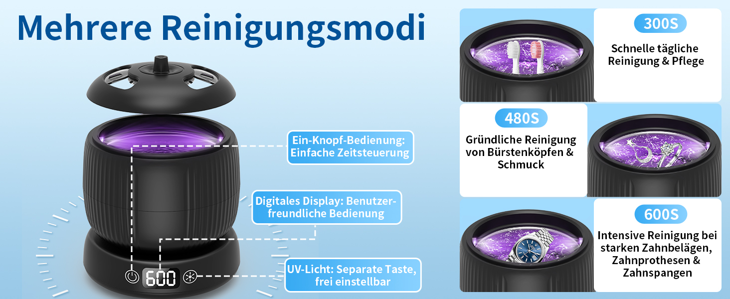 Ультразвуковий очищувач для зубних протезів, брекетів та ювелірних виробів 200 мл, 45000 Гц, з УФ-лампою