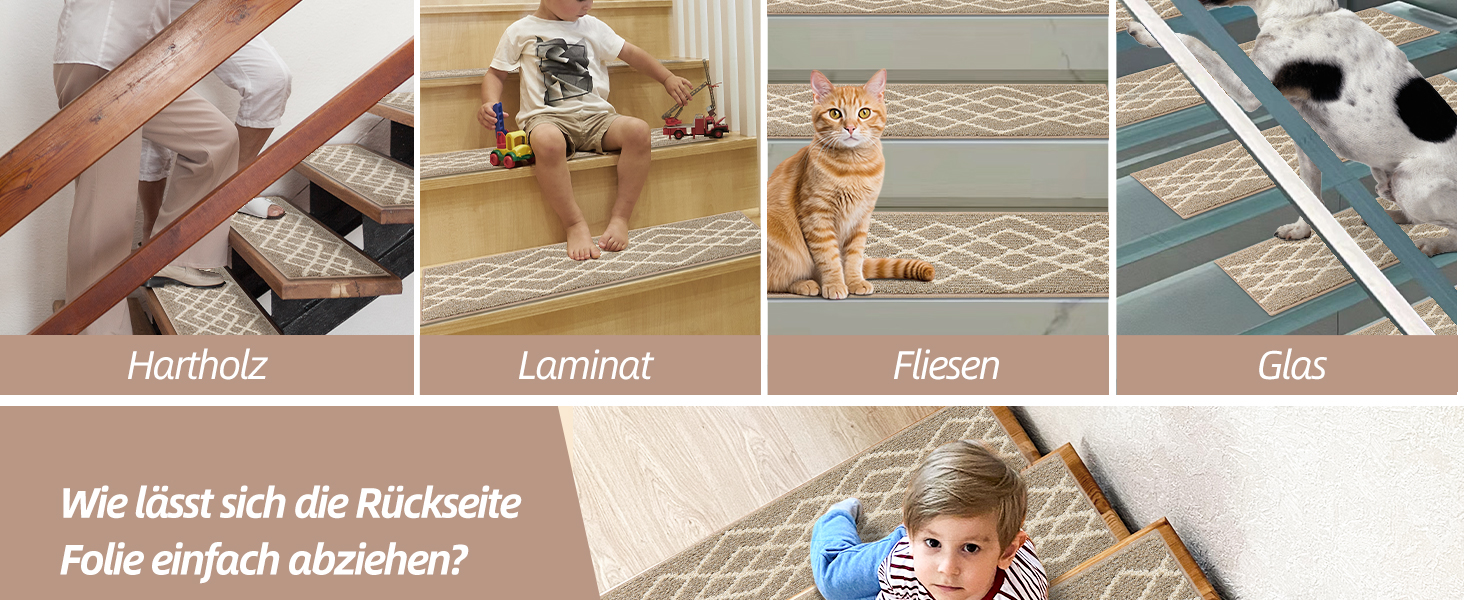 Ковзаючі сходинки для дому COSY HOMEER, 15 шт. (70 x 22 см), антиковзаючі, самоклеючі, машинне прання, 100% поліестер, TPE-підкладка, ідеально для дітей, літніх людей та домашніх тварин, бежевий ромбік