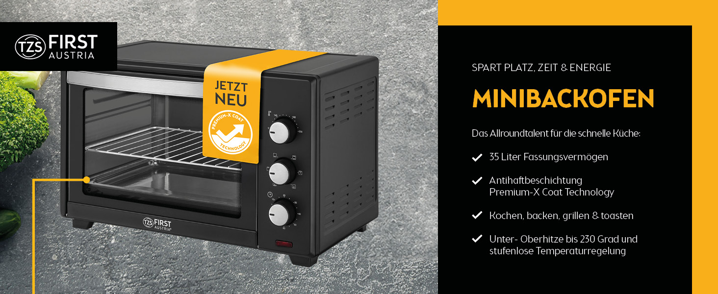 Міні-піч TZS First Austria 35л, 1600W з піччю для піци, регулюванням температури та антипригарним покриттям, таймером 60 хв, 3 рівнями та набором для випікання