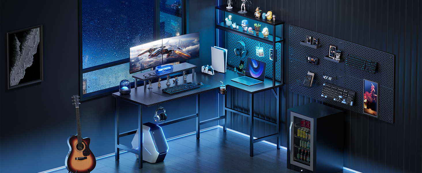 Ігровий стіл кутовий 150x100 см з 3 розетками та 2 USB, зворотний, з LED підсвічуванням, з ящиками та підставкою для монітора. Стіл для геймінгу, офісу, дому. (150 x 100 см, карбон)