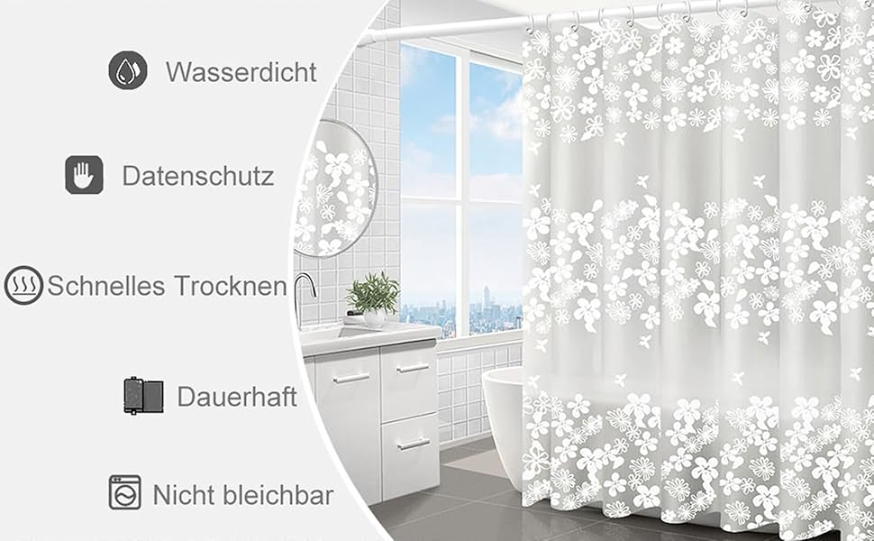 Штора для душу миюча біла, прозора 300x200 см, PEVA, з малюнком квіти-сніжинки, антигрибкова, для ванної кімнати