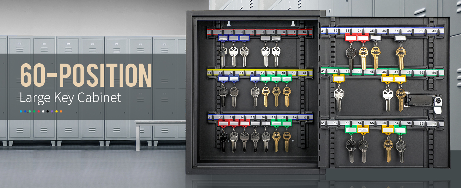 Шкафчик для ключів Uniclife на 60 позицій з комбінацією та ключовим замком, чорного кольору, з регульованими полицями. Цифрова скринька безпеки, органайзер для ключів