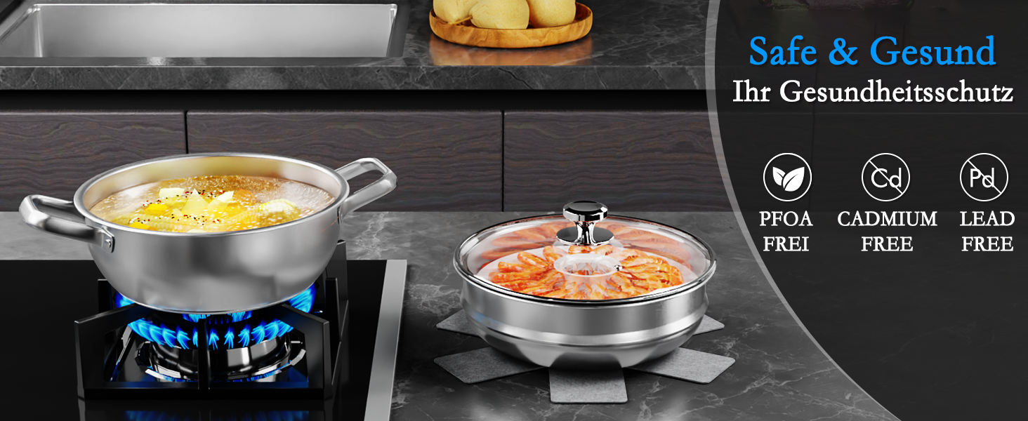 Набір каструль Induktion 12-частинний з нержавіючої сталі з тришасим дном, включає пароварку, 3 захисні диски для сковорідок та кухонне приладдя, безпечний у духовці до 250°C та придатний для миття в посудомийній машині, для всіх типів плит