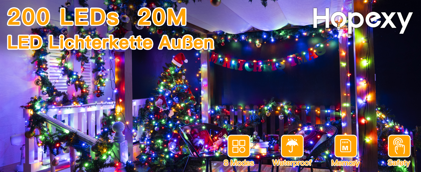 Гірлянда світлодіодна 200 LED, тепле біле світло, з пультом та таймером, 8 режимів, IP44, для прикраси саду, балкону, вечірки, весілля, ялинки (20м)
