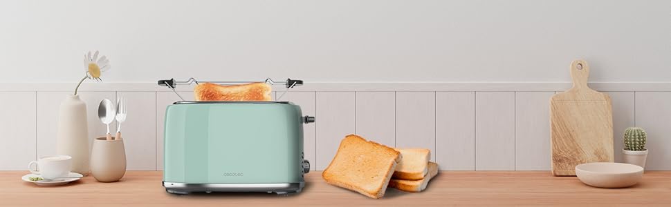 Тостер Cecotec Toaster 2 Scheiben Retro Green, 980 Вт, 2 слоти, нержавіюча сталь, регулювання потужності, піддон для крихт