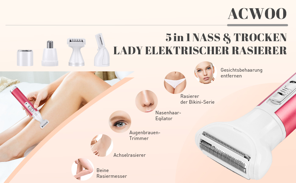 Електричний жіночий бритва ACWOO 5-в-1: для обличчя, носа, під пахвами, в зоні бікіні. USB-зарядка, червоний