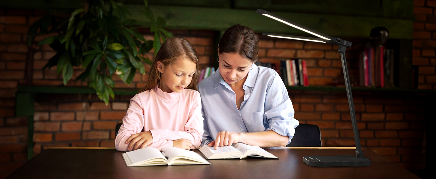 LED лампа настільна з двома руками, 5 кольорів та 10 рівнів яскравості, таймер вимкнення 45 хв, сенсорне керування, для навчання (біла) (чорна)