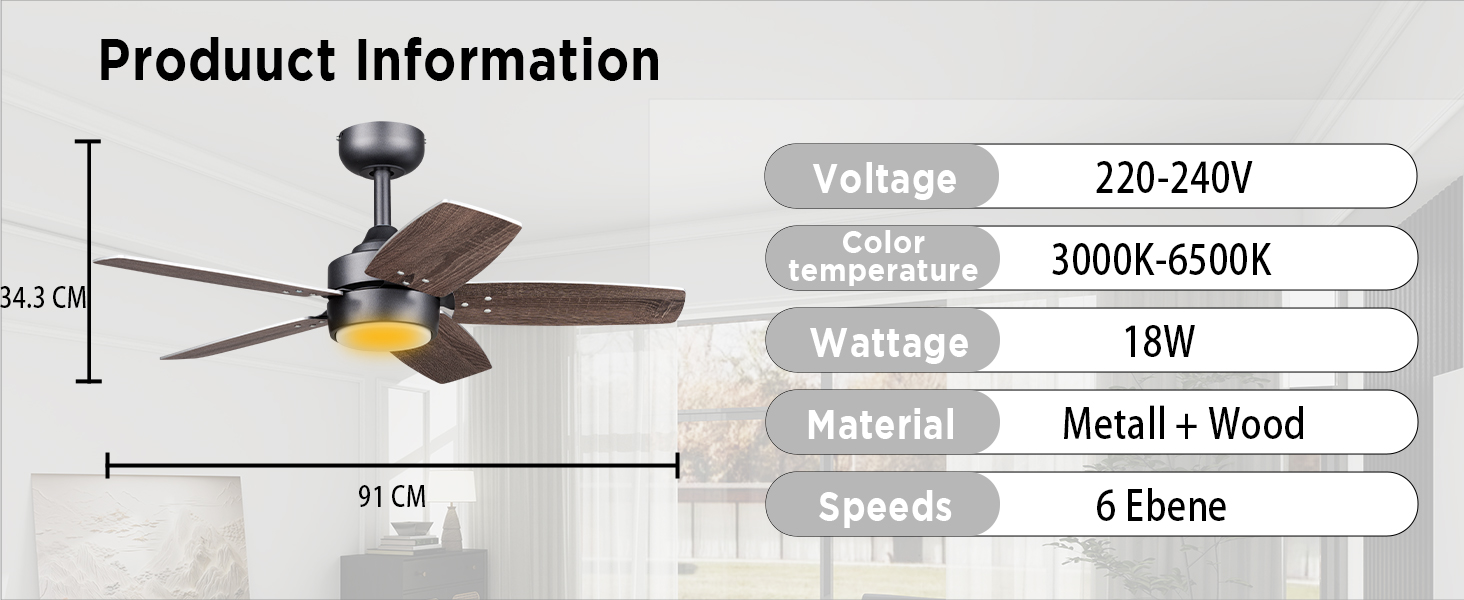 Стеляний вентилятор для маленьких кімнат: сучасний вентилятор з регульованою яскравістю, пультом дистанційного керування, реверсивним двигуном, 6 швидкостей, тихий, 230V (Бронза+волоський горіх, 91 см)