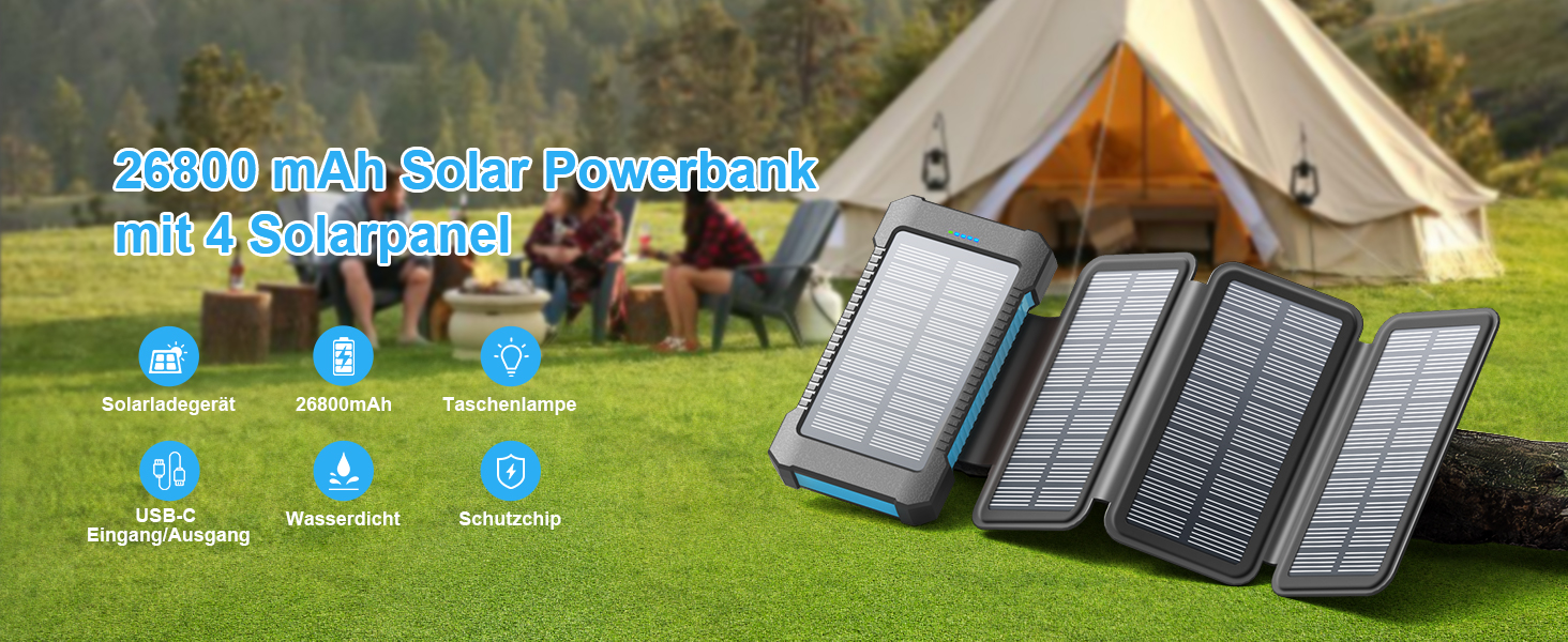 Портативний зарядний пристрій Solar Powerbank 26800 mAh з сонячною панеллю, USB-C, 18W, IPX7, водонепроникний, для iPhone, Samsung та інших, з ліхтариком (SOS, стробоскоп), блакитний