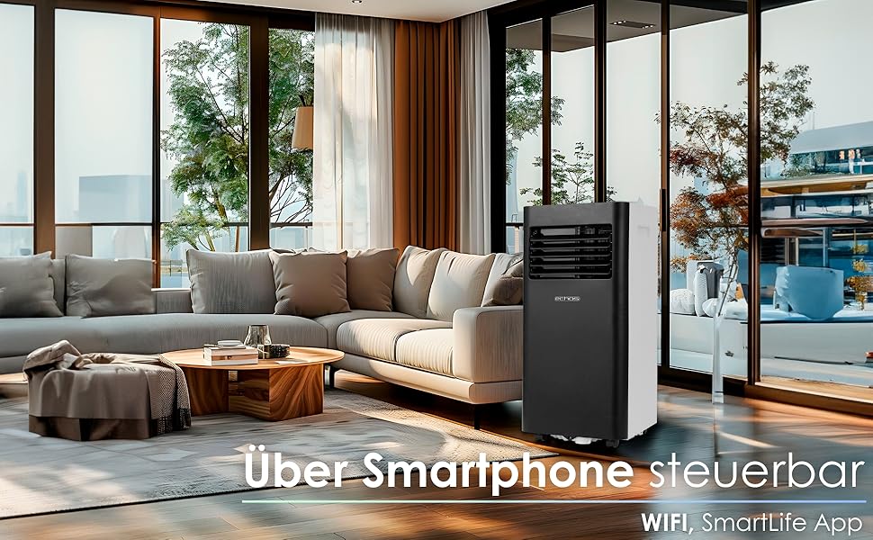 Мобільний кондиціонер Echos 3-в-1 з Wi-Fi, 9000 BTU, з витяжним шлангом, таймером 24h, пультом керування. Функції: охолодження, вентиляція, осушувач.