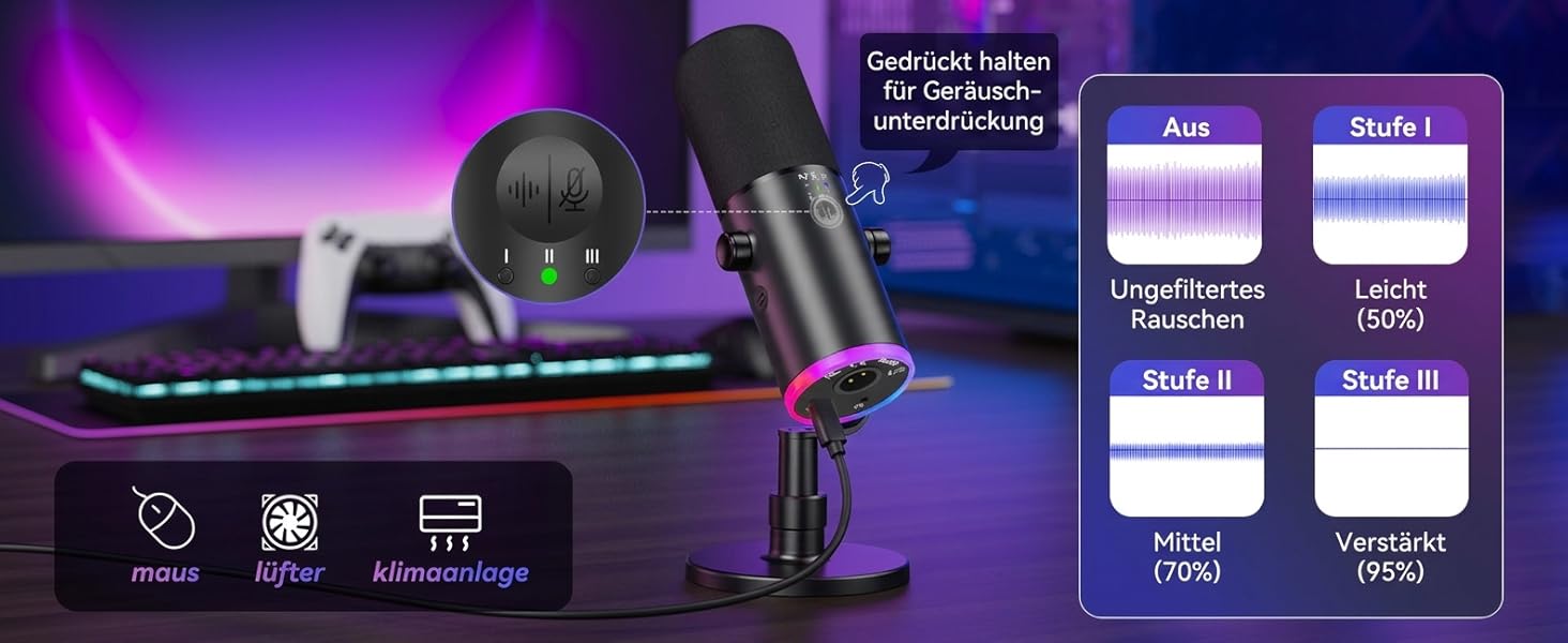 Професійний геймерський мікрофон TONOR TD510 AIR S+H XLR/USB з шумозаглушенням AI, RGB підсвічуванням, Tap-Mute, чорний