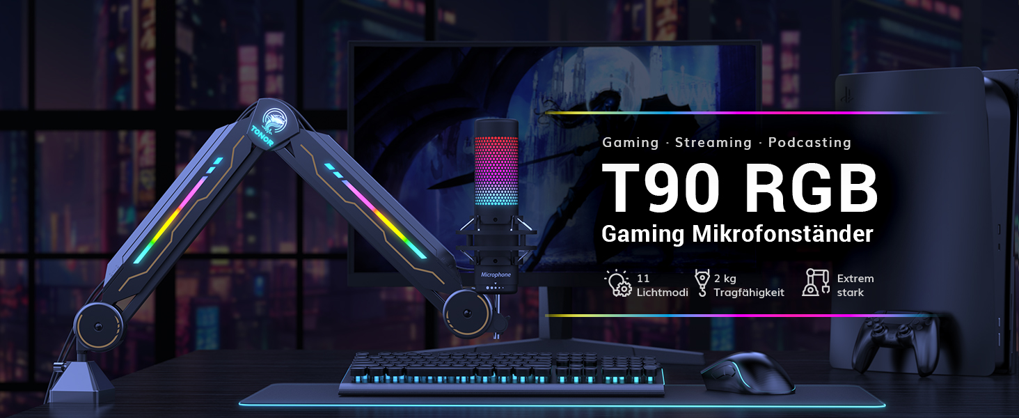 Підставка для мікрофона TONOR з RGB підсвічуванням, сенсорне регулювання, 11 режимів світла, сумісна з усіма мікрофонами, модель T90