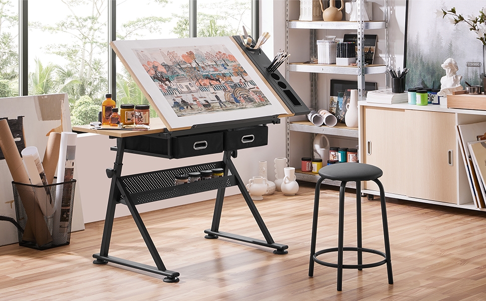 Yaheetech Adjustable Drafting Table with Stool and Drawers - Height Adjustable Desk for Architects, Technicians, and Students - Wood Finish