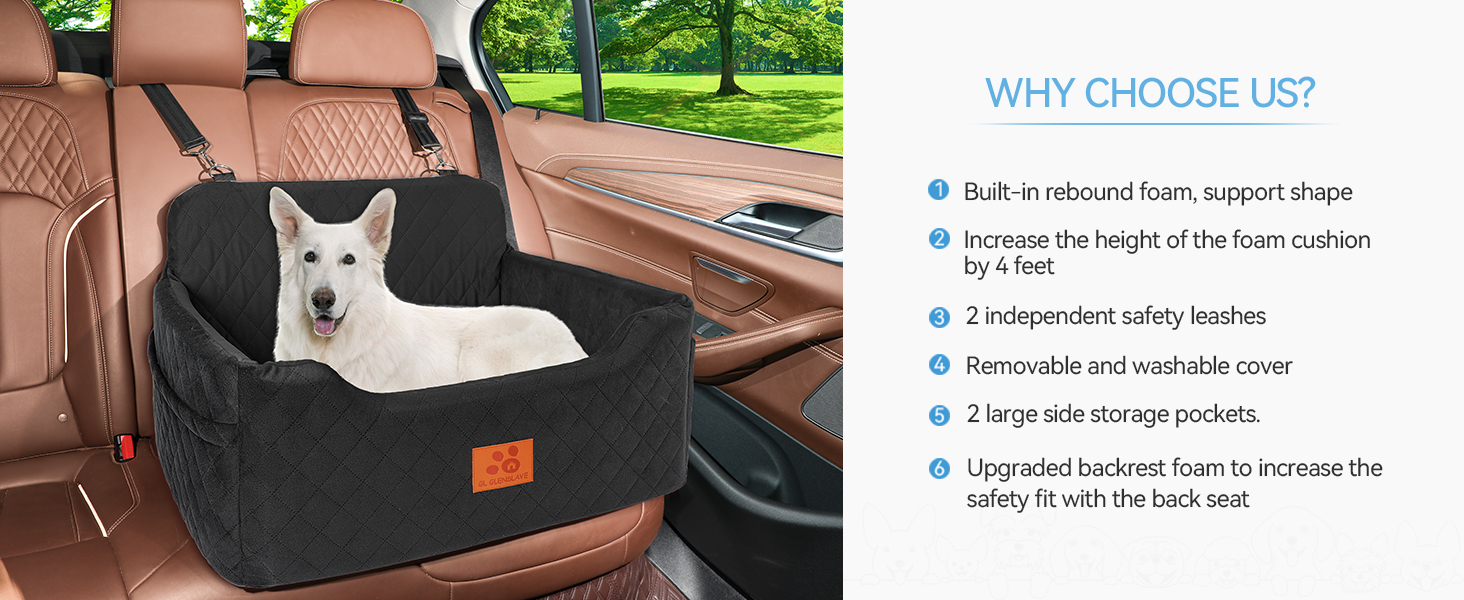 GL GLENSLAVE Dog Car Seat - Large & Medium Dogs, Up to 22kg/2 Small Dogs - Removable & Washable Pet Car Seat (Black)