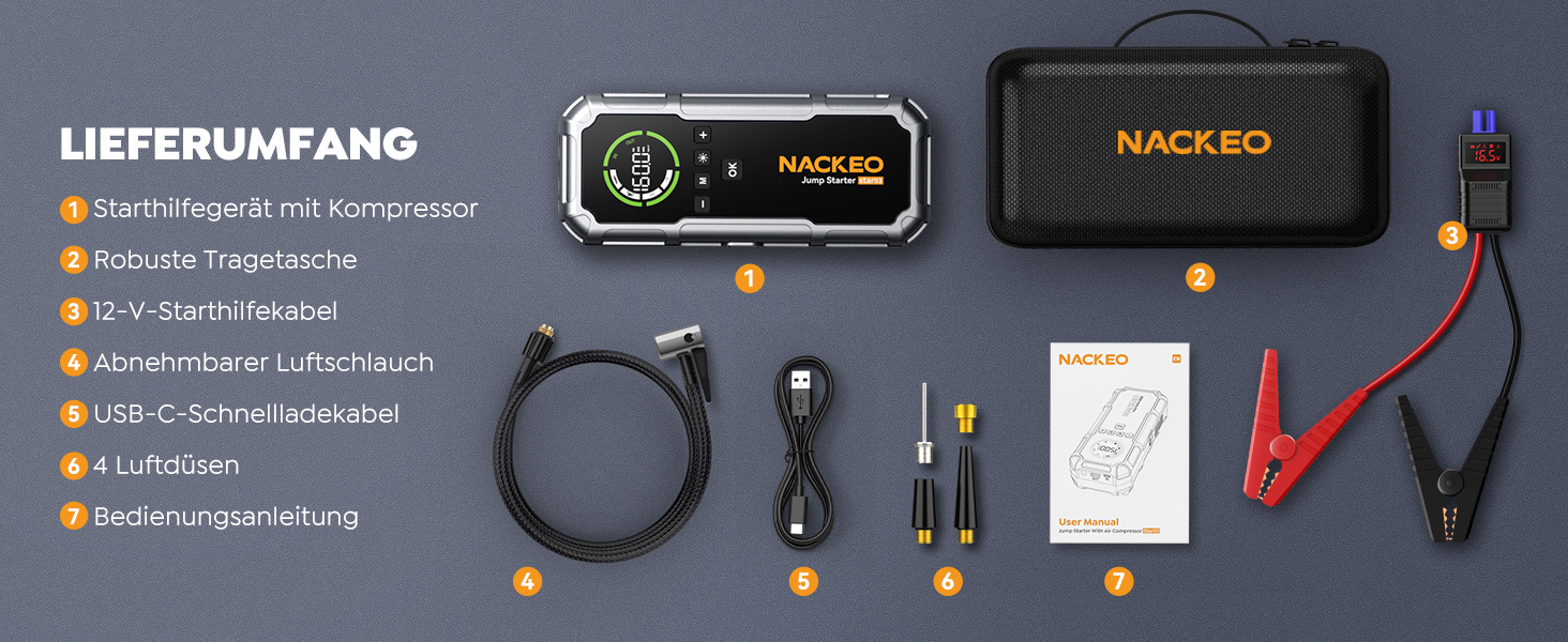 Портативний зарядний пристрій Starthilfe 8000A з компресором 160PSI, 12V для автомобілів, 20000mAh, LED-ліхтар 600 Lumen, LCD-дисплей, сріблястий