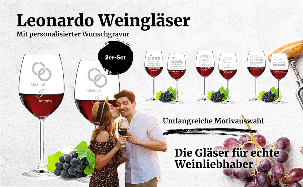 Leonardo 2-piece set of wine glasses, 460 ml, with individual engraving - gift for wedding and engagement - decorative gifts for couples - wine glass for silver wedding anniversary - table decoration for golden wedding anniversary