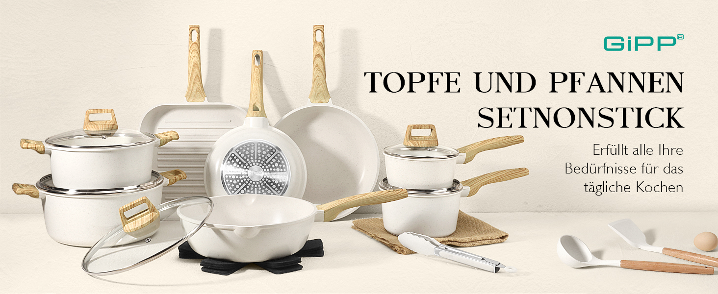 Набір посуду GiPP 10 предметів: каструлі та сковороди з гранітним покриттям, білий. Підходить для всіх типів плит, включаючи індукційні. У комплекті лопатка та ложка.